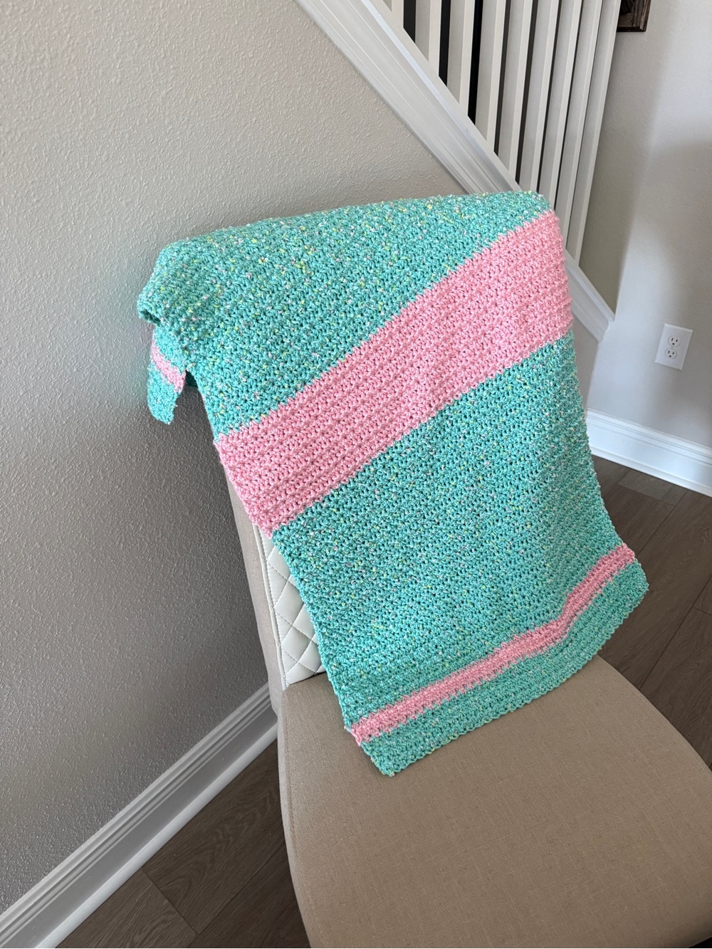Handmade Mint Green & Baby Pink Crochet Throw Blanket - New